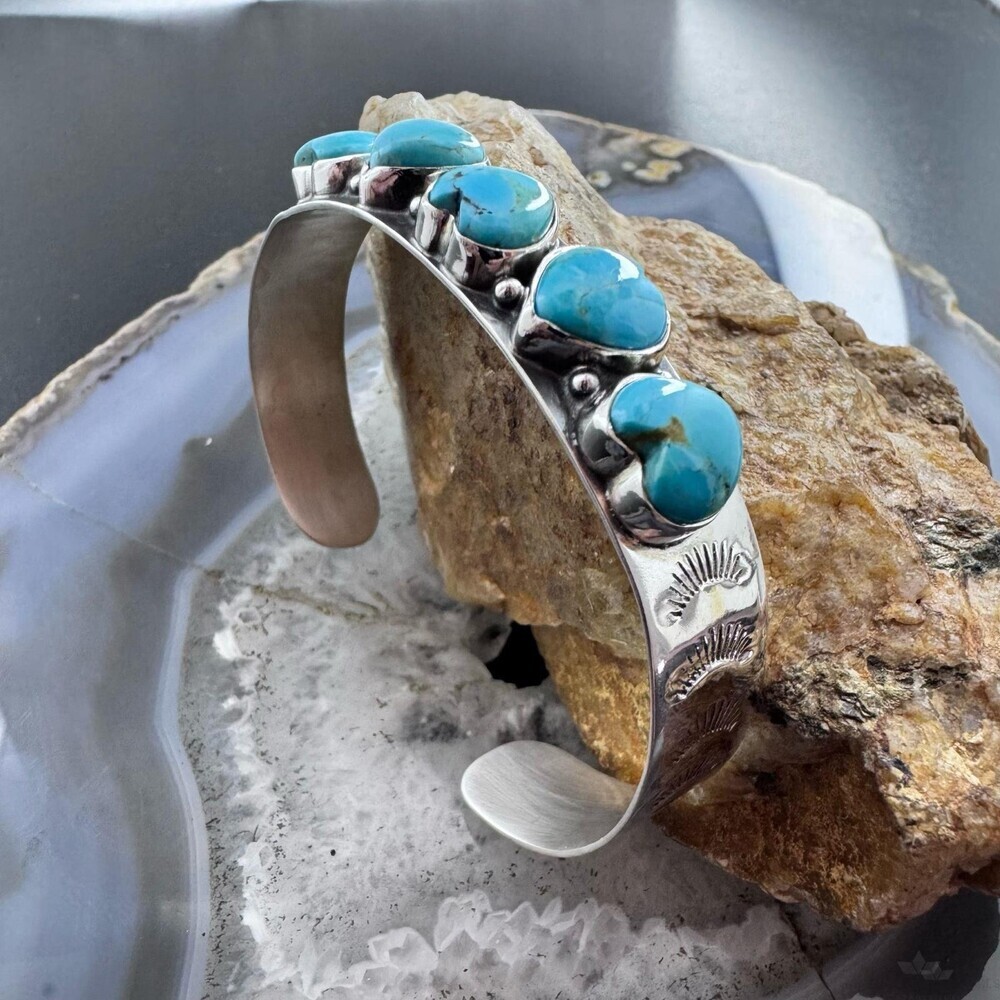 Sterling Southwestern Style 5 Blue Turquoise Heart Single Row Bracelet For Women - Picture 5 of 10